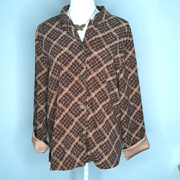 Notations plaid buttondown longsleeve blouse w shimmering gold cuffs - Picture 1 of 10